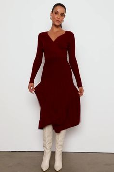 Knee-high boots and your undeniable charm will pair perfectly with the Lulus Cozy Inspiration Burgundy Ribbed Skater Midi Sweater Dress! Stretchy, ribbed sweater knit shapes this essential fall dress that features a surplice neckline and long sleeves. The fitted waist tops a flowy, A-line skirt that falls to a sophisticated midi hem. Fit: This garment fits true to size. Length: Mid-calf length. Size medium measures 46" from shoulder to hem. Bust: Great for any cup size. Waist: Fitted - stretchy Red Coat Outfit, Long Sleeve Burgundy Dress, Cozy Inspiration, Skater Sweater, Holiday Fits, Winter Wedding Outfits, Burgundy Casual Dress, Everyday Glam, Casual Formal Dresses