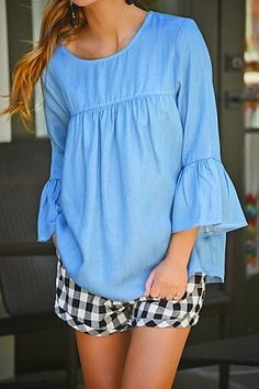 Surely Chambray Top :: TUNICS :: Tops :: The Blue Door Boutique Gingham Shorts, Chambray Top, Blue Door, Shorts Black, Drawstring Waistband, Hottest Trends, Cute Tops, Boutique Clothing, Chambray