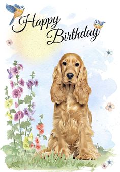 a happy birthday card with a cocker spaniel sitting in front of some flowers