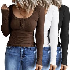 PRICES MAY VARY. Material:40%Cotton+55%Polyester+5%Spandex.Enjoy Our High-quality Fabrics In Tops That Offer A Comfort Stretch Fit To Accentuate All Your Best Figure. We Accept 30 Days Money Back! Design:Henley Long Sleeve Shirts, Fall Fashion,Y2K,2023 Trendy, Details On Sleeves, Ribbed Knit Structure ,Plain-colored Design, Loose fit,The Neckline Can Be Adjusted At Will To Create A Sexy V-neck Or Scoop Neck. Are All Further Eye-catching Details. Match: With Our Vintage And Sexy Blouses As A Base Casual Fall Fashion, Knit Structure, Casual Long Sleeve Shirts, Autumn Fashion Casual, Henley Top, Fall Fashion Outfits, Knitted Tshirt, Henley Shirts, Autumn Fashion Women