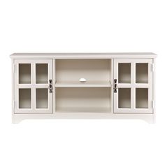 a white entertainment center with glass doors on the front and bottom shelves in different sizes