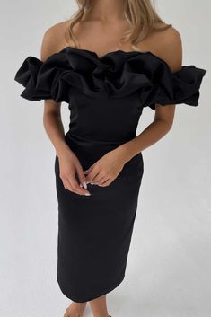 Accentuate your tender shoulders with the Meringue ruffle midi silhouette dress. The fabric is thick enough to shape your body creating seductive curves. Zipper on the back, lined. Silhouette Dress, Dress Silhouette, Meringue, Black Midi Dress, Dress Materials, Shapewear, Midi Length, Off Shoulder Dress, The Back