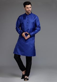 Ready-made Art Silk Kurta in Royal Blue Color. This Ready-made attire is Enhanced with Buttons Work. Crafted in Chinese Collar and Full Sleeves.  Available with an Art Silk Churidar in Black Color.   Do note: Footwear shown in the image is for presentation purposes only. Half to one inch may vary in measurement. (Slight variation in actual color vs. image is possible) We Sell all kinds of Menswear. Mens Kurta | Mens Kurta & Churidar | Traditional Menswear | Partywear | Menswear | Indian Mens Dre Fitted Royal Blue Long Sleeve Kurta, Royal Blue Fitted Long Sleeve Kurta, Traditional Blue Kurta For Spring, Blue Long Sleeve Kurta For Festive Occasions, Blue Long Sleeve Festive Kurta, Elegant Blue Long Sleeve Kurta, Elegant Long Sleeve Blue Kurta, Blue Long Sleeve Kurta For Eid, Fitted Blue Kurta For Eid