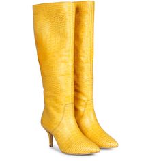 The Saint Adella yellow leather boot is a luxury that cleverly combines a stylish youthful outlook. These knee high boots have a emobssed leather upper and a pointed toe to add a touch of style to your everyday look. Made from the finest materials. Features a covered stiletto heel, stitching details with paneled finish. complete with leather & fleece lining, padded leather footbed with stamped logo. the gorgeous boot sit on a 2.9 inches stiletto heel. The approx. height of the boot is-18.5 Inche Yellow High Heel Boots For Fall, Yellow Leather Boots For Fall, Chic Yellow Boots For Fall, Yellow Pointed Toe Boots For Party, Yellow Leather Boots With Pointed Toe, Yellow Pointed Toe Party Boots, Knew High Boots Yellow, Thigh High Yellow Boots, Fitted Knee-high Gold Boots