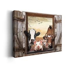 a painting of cows in a barn window with birds flying over the farm animals behind them