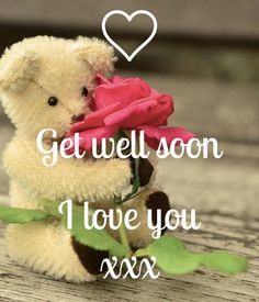 a teddy bear holding a pink rose with the words get well soon i love you next