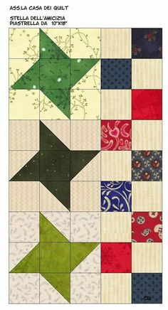 a quilt pattern with different colors and patterns on it, including the green one in the middle