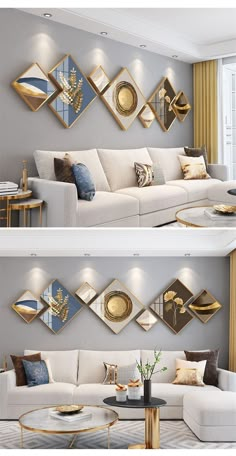 two pictures of a living room with gold mirrors on the wall and white couches