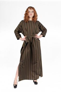 A unique, one-of-a-kind striped kimono-sleeved summer dress, perfect for a party, festival or just casual wear. The dress design is inspired by the art of the break of 19th/20th centuries in Vienna, especially by the works of the Wiener Werkstatte. Made of 100% natural wool It is super comfortable and provides a feeling of freedom. The loose cut can be tamed with a matching wrap-belt, for when you need a little more control. Dress measurements: Size: S/M Lenght: 138 cm / 54,33 in (measured from hem to shoulder) Hem circumference: 124 cm / 48,82in It is also possible to order a similar-cut dress made with different fabric/color/patterns/decorations (custom sized to your measurements) - contact us to place your order. The final price may vary depending on the details of your order and materi Striped Long Sleeve Maxi Dress For Summer, Bohemian Striped Midi Dress For Spring, Striped Tunic Dress For Spring, Striped Long Sleeve Midi Dress For Beach, Casual Long Striped Dresses, Striped Long Maxi Dress For Summer, Long Sleeve Striped Maxi Dress For Summer, Spring Bohemian Striped Midi Dress, Bohemian Striped Tunic Dress