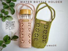 two crocheted water bottles are sitting next to each other