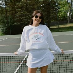 Embrace a tropical state of mind with this adorable beach club crew! This cute summer sweatshirt is perfect for a beach day, girls trip, or soaking up those summer vibes. Pair this crew with your favorite bikini or beach shorts for a cute and tropical outfit. This white crew will have your sorority name and established date embroidered in peach thread and a cute palm tree stitched in the middle. Model is wearing a large Summer Athleisure Sweatshirt For Loungewear, White Summer Sweatshirt For Beach, Sporty Letter Print Sweatshirt For Summer, Summer Athleisure Sweatshirt, Summer Crew Neck Athleisure Sweatshirt, Summer Athleisure Sweatshirt With Crew Neck, Summer Athleisure Crew Neck Sweatshirt, White Summer Sweatshirt For Loungewear, Sorority Names