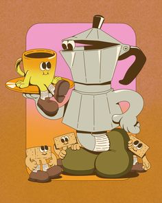 a cartoon character holding a coffee cup and plate with other characters around him on a brown background