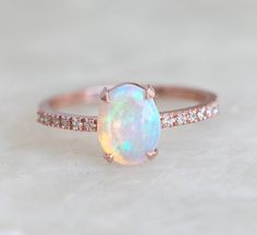 Opal Ring Simple, Rose Gold Opal Ring, Dream Rings, Dainty Engagement, Australian Opal Ring, Opal Diamond Ring, Opal Engagement Ring, White Opal Ring, Gold Diamond Engagement Rings