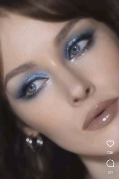 aesthetic | make-up | makeup art | credit to @/madeupbykaty on IG Emerald Green Outfit Makeup, Blue Eyeshadow Wedding Makeup, Stage Makeup Singer, Sparkly Glam Makeup, Cinderella Quince Makeup, Silvermist Makeup, Blue Gown Makeup, Blue Sparkle Eyeshadow, Blue Winter Makeup