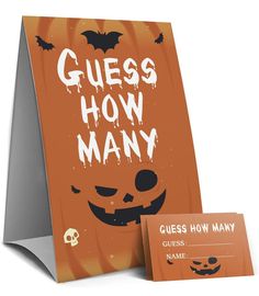 a halloween greeting card with the words guess how many? and a pumpkin on it