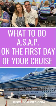 two people sitting in front of a cruise ship with the words what to do asap on