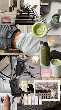 a collage of photos with various items including candles, coffee mugs and other things