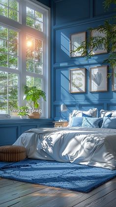 a bedroom with blue walls and wooden floors is pictured in this artist's rendering