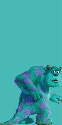 an animated character with blue and purple fur on it's back legs, standing in front of a green background