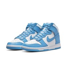 The Nike Dunk High 'Laser Blue' brings a new take on vintage style. Combining timeless color blocking with a classic silhouette, this shoe is sure to make an impact. The white base pairs perfectly with the pastel blue overlays, evoking the 1985 'Be True to Your' series. Quality materials and subtle branding elements like the signature Swoosh and Nike logo provide finishing touches for a superior sneaker. The Air Jordan 1 inspired outsole gives you durable traction, so you can take on your day in Nike Looks, Nike Models, Marina Blue, Jordan 12 Retro, Nike Dunk High, Dunk High, Blue Nike, Nike Dunk Low, Nike Cortez Sneaker