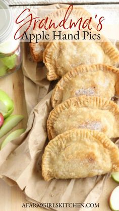 grandma's apple hand pies with apples in the background and text overlay that reads grandma's apple hand pies