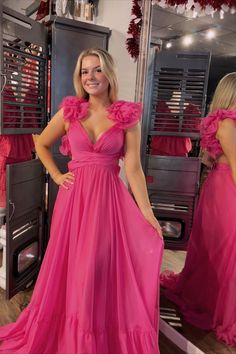 Pink Prom Dress With Ruffled Straps, Pink Dress With Fitted Bodice And Ruffled Straps, Pink Flowy Dress For Gala, Pink Chiffon Dress For Gala, Pink Chiffon Dresses With Ruffled Straps, Pink Dress With Ruched Bodice And Ruffled Straps, Pink Flutter Sleeve Formal Dress, Pink Flutter Sleeve Dress For Formal Occasions, Ruffle Prom Dress