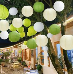 green and white paper lanterns hanging from the ceiling