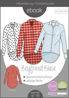 the front cover of an adult women's shirt sewing pattern, with three different patterns