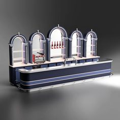 Bar en étain avec rayonnage fond miroir et desserte réfrigérée sur mesure. Art Deco Cafe, Jewelry Store Interior, Cafe Counter, Coffee Counter, Office Pantry, Counter Display, School Inspiration, Flower Diy Crafts