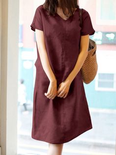 Solid Short Sleeve V-neck Vintage Dress for Women Vintage Style Dresses, Style Dresses, Dress For Women, Vintage Dress, Red Fashion, Shoulder Length, Dresses Online, Hot Sale, Vintage Dresses