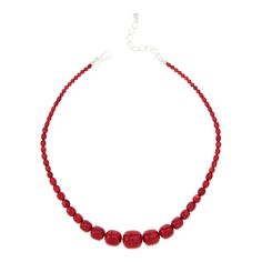 Jay King Sterling Silver Red Coral Graduated Bead 18" Necklace Add a pop of fun gemstone color to your neckline with this handcrafted red coral bead necklace. Its rich, red coloring and simple silhouette makes a chic, stylish statement anytime. From Jay King.       Approx. 18"L x 5/8"W with 2-3/4" extender     Stamped .925     Hook closure     Necklace has round and barrel-shaped red coral beads strung in graduated silhouette   Stone Information       All sizes and weights approximate     Stabil Red Coral Beaded Necklace With Spacer Beads, Red Gemstone Beads Necklaces, Red Beaded Necklaces With Faceted Beads, Red Coral Beaded Necklaces With Faceted Beads, Adjustable Red Gemstone Bead Necklaces, Elegant Red Necklaces With Large Beads, Red Coral Necklaces With Faceted Beads, Red Necklace With Colorful Round Beads, Red Coral Gemstone Beads Necklace