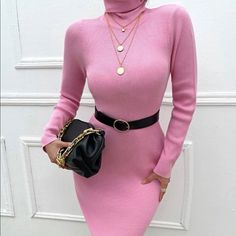 Ribbed Turtle Neck Sweater Dress Pink Knee-length Midi Dress For Winter, Pink Knee-length Winter Midi Dress, Pink Winter Midi Dress, Fitted Pink Sweater Dress, Knee-length, Pink Fitted Midi Sweater Dress, Fitted Knee-length Sweater Dress In Pink, Pink Midi Dress For Winter, Pink Long Sleeve Midi Dress For Winter, Pink Knee-length Bodycon Winter Dress