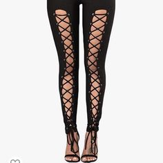 Brand New, Never Worn Lace Up Black Leggings. Purchased From Amazon, Ended Up Going With A Different Size, These Were Not Opened. Can Send More Pictures Upon Request Cut Shirt Designs, Gothic Leggings, Lace Up Leggings, Clueless Outfits, Long Tee, Stretchy Leggings, Fringe Boots, Buy Buy, Buy Buy Baby