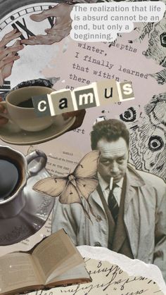 a collage of photos with coffee, books, and an image of a man