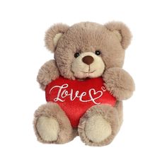 a brown teddy bear holding a red heart with the word love on it's chest