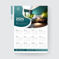 a wall calendar is shown with the image of a bedroom in green and white colors