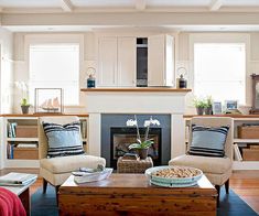 a living room with two chairs and a coffee table in front of a fire place