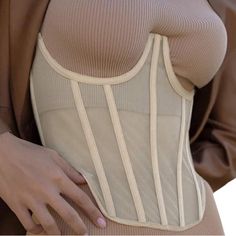 Size Large Beige Sleeveless Corset With Built-in Bra, Beige Corset With Built-in Bra For Summer, Summer Beige Corset With Built-in Bra, Sheer Sleeveless Corset, Strapless Mesh Corset With Boned Bodice, Underbust Mesh Corset, Fitted Sleeveless Mesh Corset, Fitted Mesh Corset For Summer, Summer Sheer Mesh Corset