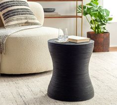 Everly Round Rattan Accent Table (16") | Pottery Barn Round End Tables, Round Accent Table, Accent Side Table, Bedroom Night Stands, Balinese, Living Room Table, Quality Furniture, Home Decor Furniture, Accent Table