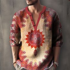 Cheap Tropical Style Men's Tops, Cheap Men's Wrinkle-resistant Shirt, Cheap Tropical Men's Tops, Cheap Men's Shirt For Festival, Red Printed V-neck Shirt, Casual Long Sleeve Shirt For Festival, Bohemian Crew Neck Shirt For Vacation, Long Sleeve Patterned Beach Shirt, Red Bohemian Shirt For Spring