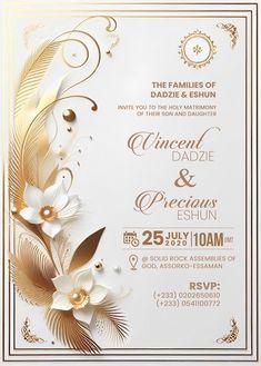 an elegant wedding card with gold and white flowers