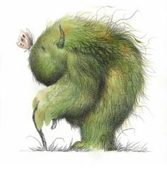 a drawing of a green creature with a butterfly on it's head and tail