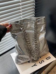 BirdinBag - Silver Sequin Metallic Chain Square Bag with Funky Decoration Silver Bag, Silver Bags, Word Wrap, Silver Sequin, Square Bag, Evening Bags, Sequin, Size Medium, Square