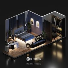 an aerial view of a bedroom and living room in a model house with furniture on the floor