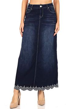 Anita singyah's Amazon Page Fashion Over 50 Fifty Not Frumpy, Maxi Denim Skirt, Long Sleeve Layering, A Line Denim Skirt, Spring Summer Fashion Trends, Embroidered Hem, Long Denim Skirt, Perfect Denim