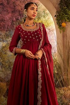 Maroon soft chanderi anarkali with hand embroidery on the yoke and sleeves. Paired with a palazzo with hand embroidery. - Aza Fashions Embroidered Anarkali Set In Georgette, Designer Salwar Kameez With Dori Work In Maxi Length, Unstitched Floor-length Anarkali Set With Dori Work, Reception Anarkali Style Kurta With Resham Embroidery, Traditional Georgette Anarkali Set For Navratri, Navratri Anarkali Set In Georgette, Designer Resham Embroidery Anarkali Set In Georgette, Designer Semi-stitched Anarkali Set With Resham Embroidery, Designer Georgette Anarkali Set With Resham Embroidery