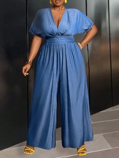 Plus Size Vacation  Imitation Denim Fitted Waist Summer Wide Leg Long Jumpsuit Blue Casual  Short Sleeve Denim Plain Other Non-Stretch  Women Plus Clothing, size features are:Bust: ,Length: ,Sleeve Length: Denim Blue V-neck Jumpsuits And Rompers, Denim Blue V-neck Jumpsuits And Rompers For Summer, Denim Blue V-neck Jumpsuit For Summer, Summer Denim Blue V-neck Jumpsuit, Chic Blue V-neck Denim Jumpsuit, Solid Denim Overalls Jumpsuit, Casual Blue Denim Jumpsuit V-neck, Trendy Blue V-neck Denim Jumpsuit, Solid Denim Overalls