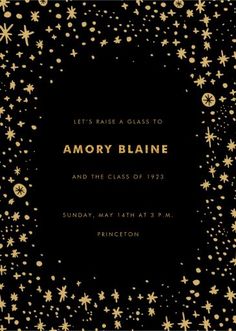 a black and gold party card with stars