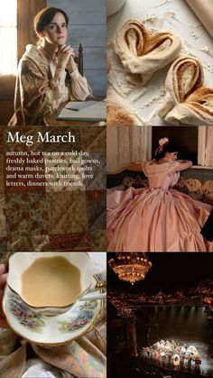 a collage of photos with the words meg march on it and pictures of women in period costumes