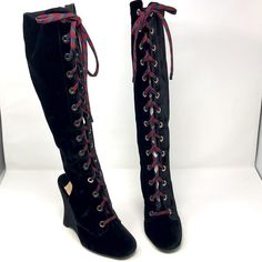 Prada Runway Boots From Fall 2016! Featured In The Neiman Marcus Holiday Look Book. Super Sexy Worn With A Mini Skirt! Open Heel Style. Has Extra Laces To Replace With All Black Ones. Comes With Original Box And Dust Bag Heel Height 4.5 Inches Eur 37.5 Made In Italy Velvet Runway, Tall Combat Boots, Prada Runway, Platform Boots Chunky, Summer Boots, Open Toed Heels, Black Suede Boots, Lace Up Booties, Leather Riding Boots